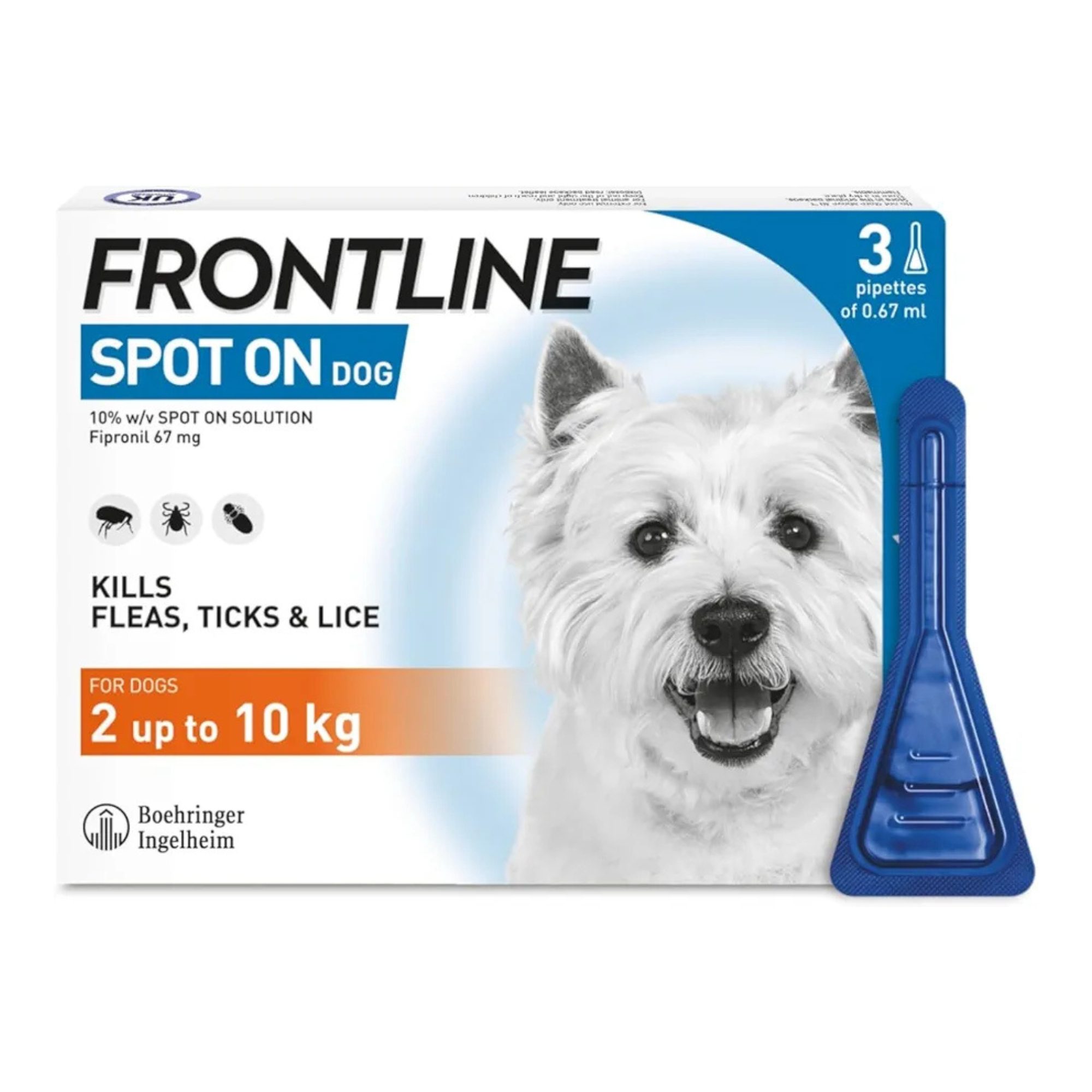 FRONTLINE Spot On Flea & Dog Flea Medication pill for Small Dog (2-10kg) 3 Pipettes