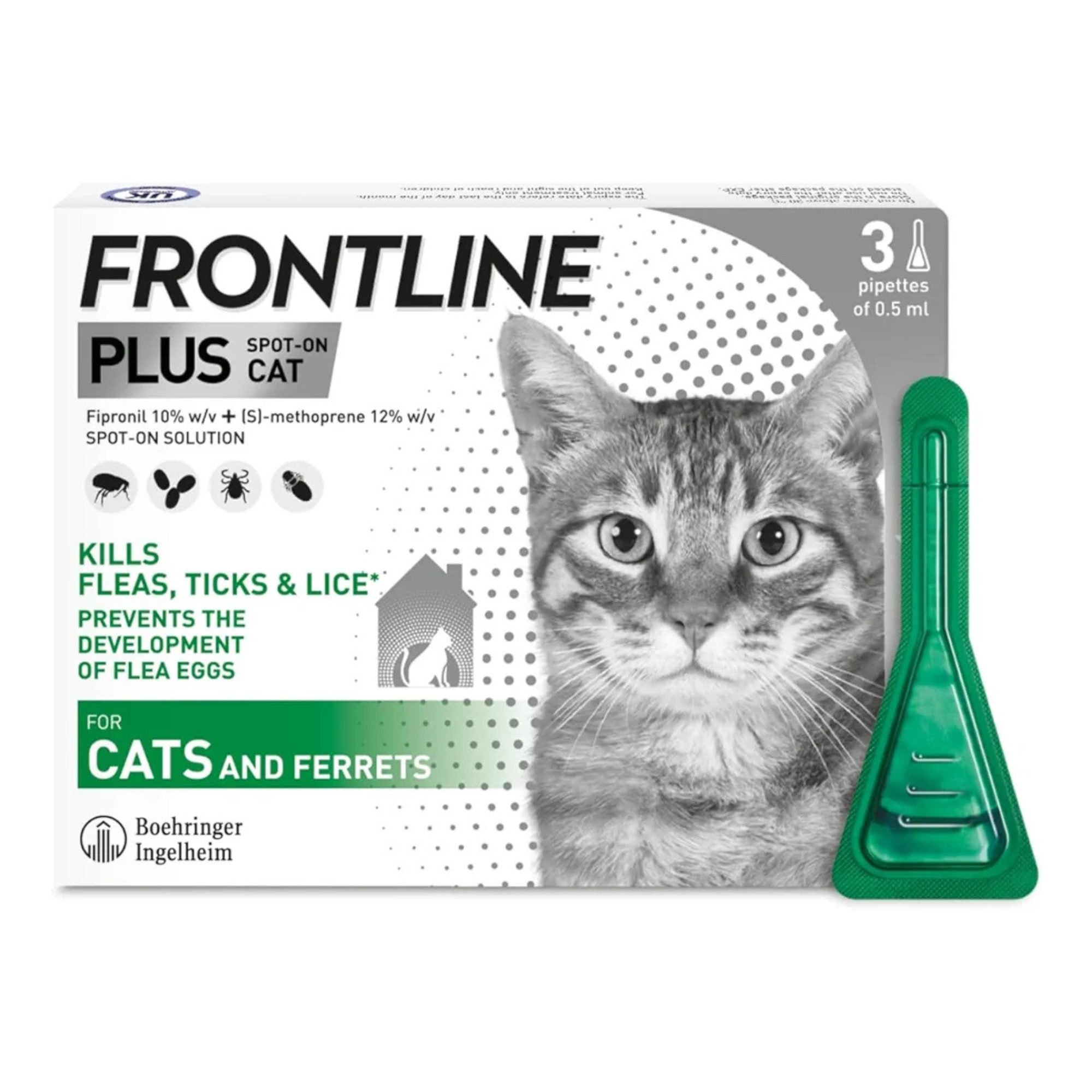FRONTLINE Plus Flea & Tick Treatment for Cats & Ferrets – 3 Pipettes