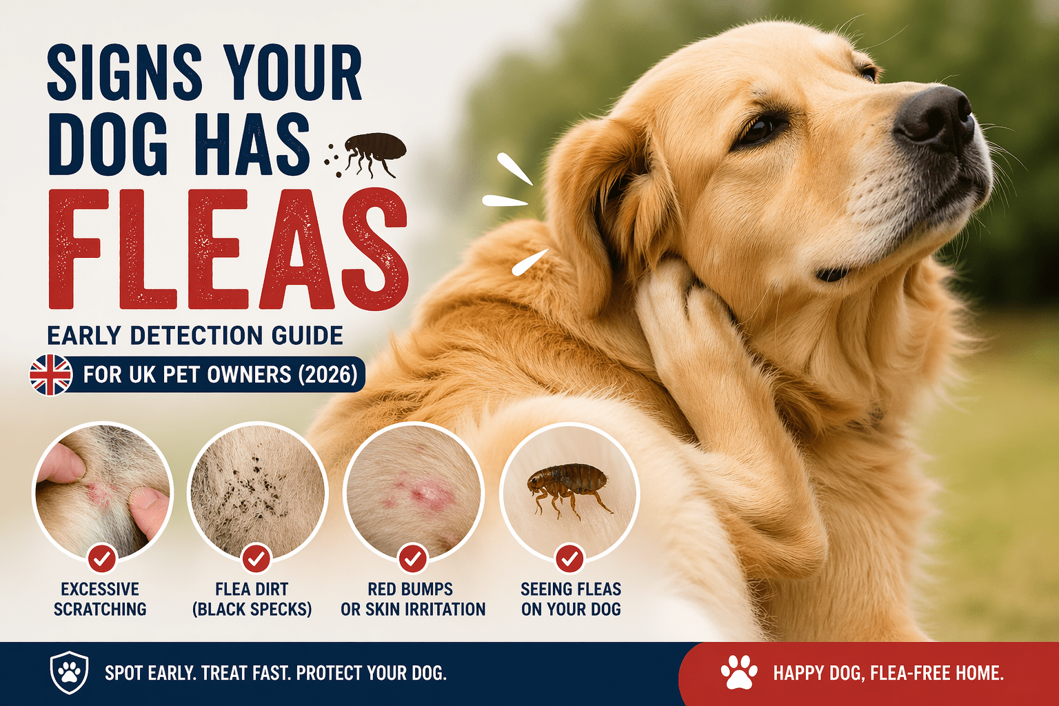 Golden retriever dog scratching ear showing flea infestation signs infographic with symptoms like itching, flea dirt and red skin bumps for UK pet owners 2026