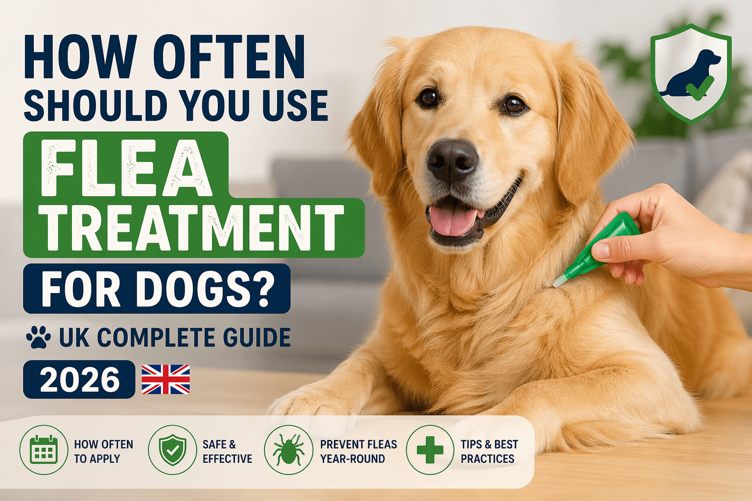 Golden retriever receiving flea treatment application, UK dog care guide 2026