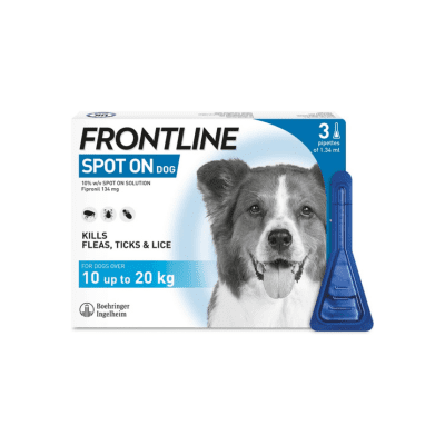 Spot on Frontline for Dogs flea and tick treatment spot on pipettes packaging