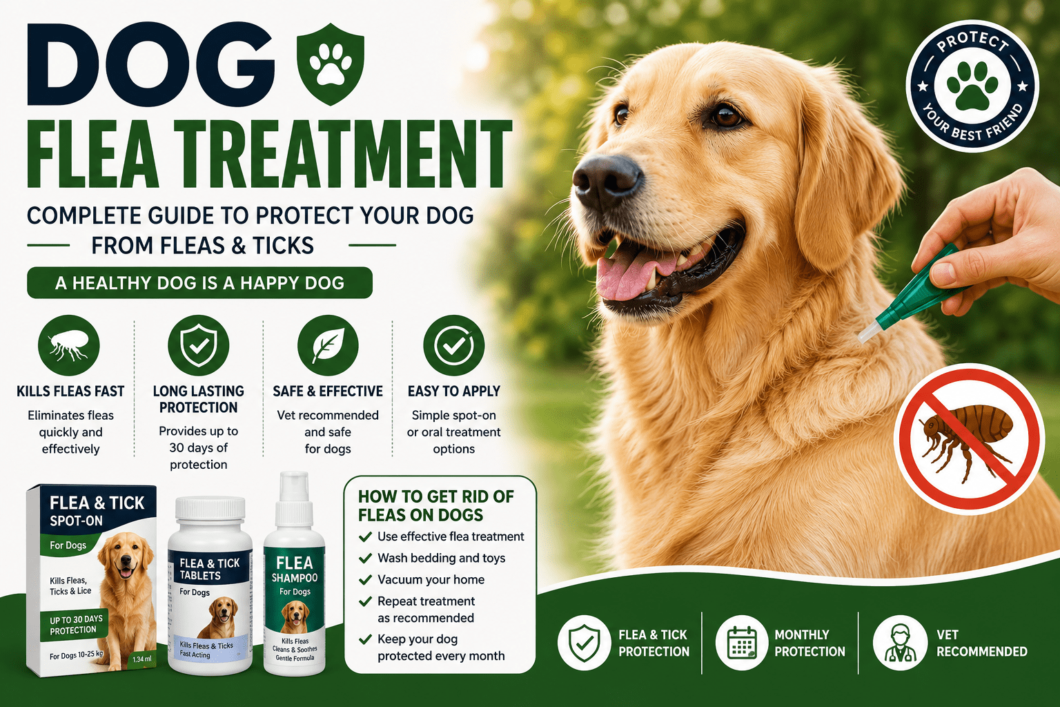 Dog flea treatment guide showing how to protect dogs from fleas and ticks