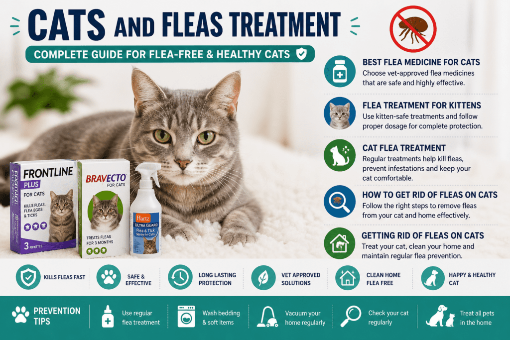 cats and fleas treatment guide showing how to get rid of fleas on cats using best flea medicine for cats and flea treatment for kittens