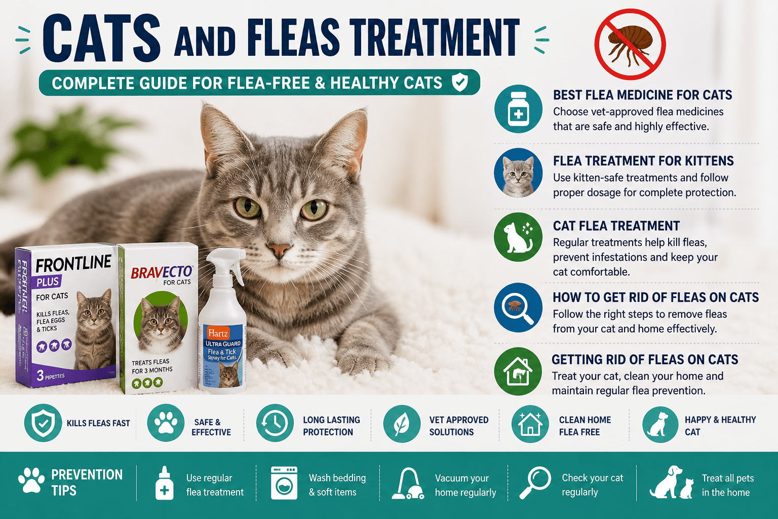 cats and fleas treatment guide showing how to get rid of fleas on cats using best flea medicine for cats and flea treatment for kittens