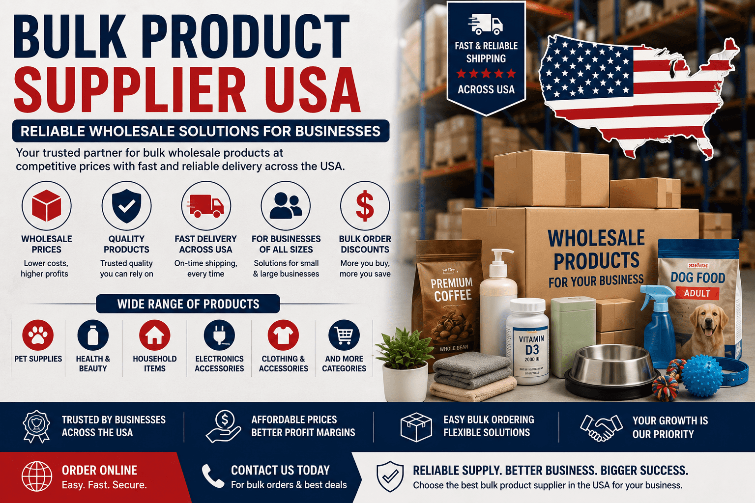 Bulk product supplier USA providing wholesale products, business supplies and affordable bulk ordering solutions