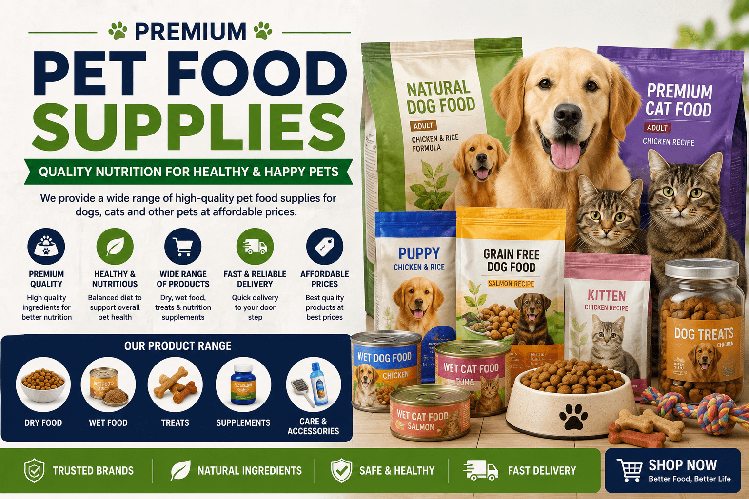 Pet food supplies including dog food, cat food and quality nutrition products for healthy pets