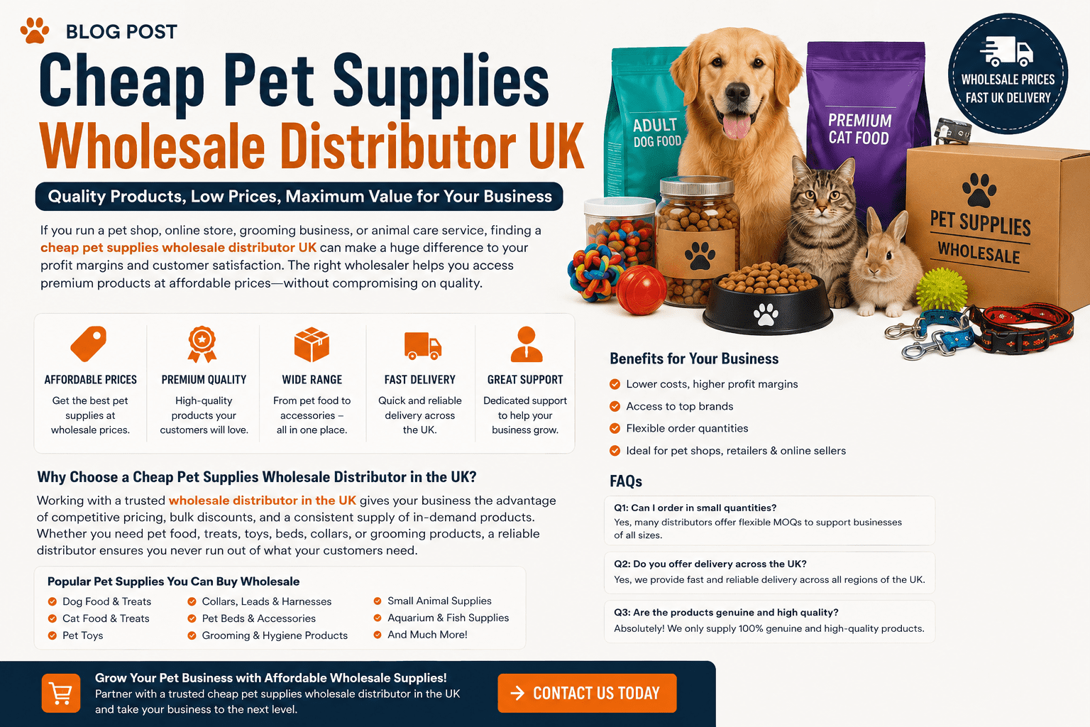 Cheap pet supplies wholesale distributor UK providing bulk pet food, accessories and affordable wholesale products