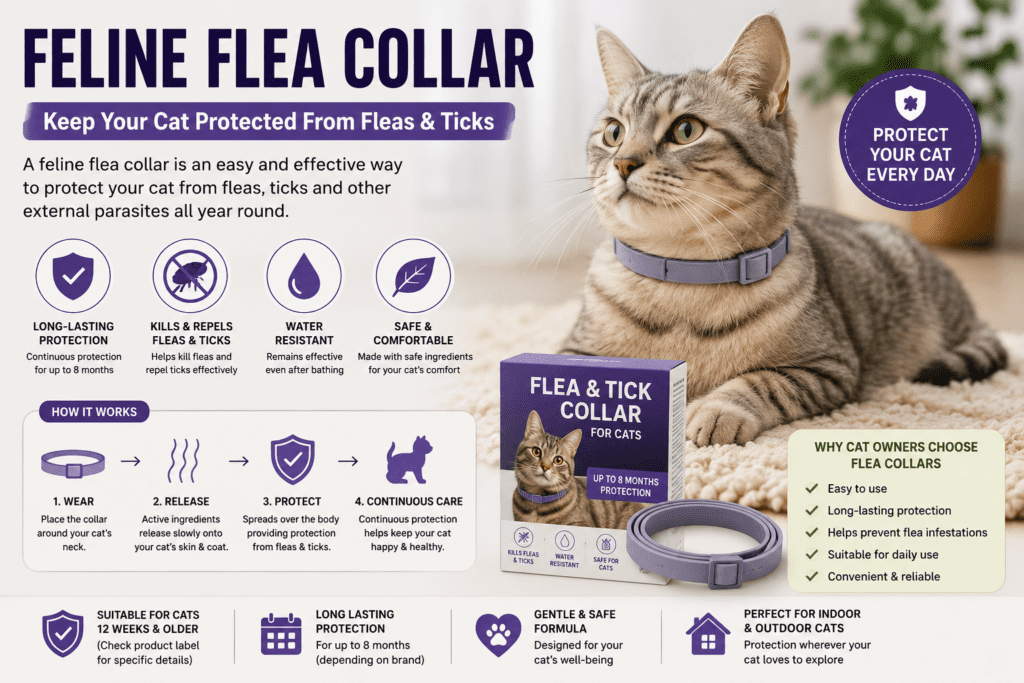 Feline flea collar for cats providing protection against fleas and ticks with comfortable pet care solution