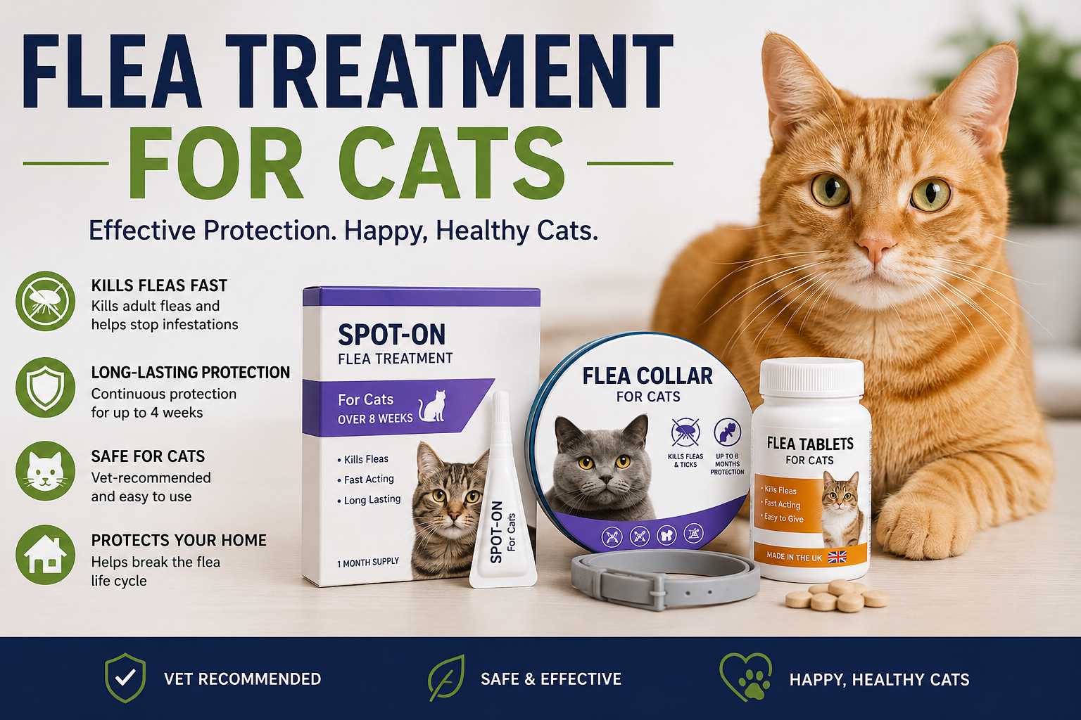 Flea treatment for cats featuring Frontline Plus for Cats, Credelio for Cats, cat flea collar, and feline flea medicine for complete flea protection